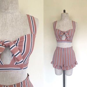 2-PIECE MATCHING SET PINK STRIPED TOP & SHORTS - S